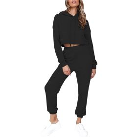 2 Piece Outfits for Women Crewneck Long Sleeve Crop Tops and Wide Leg Pants Sets (Color: Black, size: XXL)